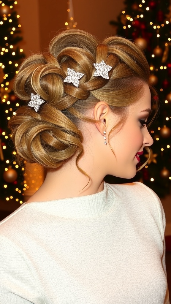 Elegant Christmas updo hairstyle with twists and hairpins, surrounded by holiday decorations.